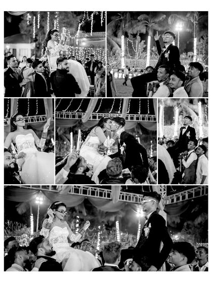 A black and white collage of the couple being lifted on chairs during the reception. This captures a fun and chaotic wedding tradition in a timeless format.