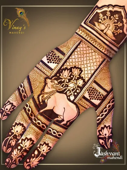 A unique design featuring a cow and lotus motif on the palm. This is a beautiful representation of sacred elements from Indian culture, surrounded by modern geometric patterns.