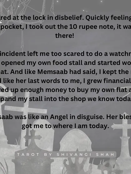 A watchman's story of an air hostess who died in a plane crash but appeared to him one last time to give him a blessed 10 rupee note that brought him prosperity.