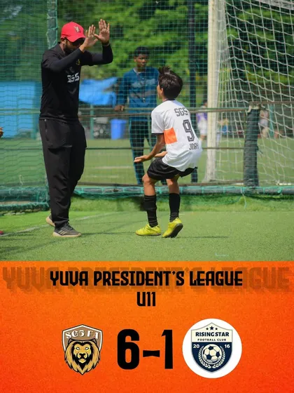An incredible 6-1 win for our U11 team in the Yuva President's League. The coach congratulates a player on a stellar performance.