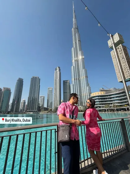 A classic tourist picture in front of the Burj Khalifa. Coordinated pink outfits made our vacation photos look extra special and planned.
