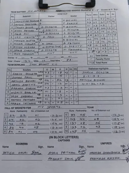 The official scoresheet from the U-23 Rathod Cup, showing Shaun's crucial wickets for his team.