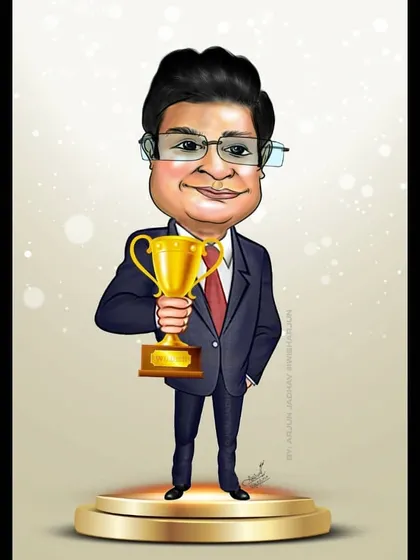 The full-length version of the corporate award caricature. This shows the subject standing on a winner's podium, holding a trophy, making it a great farewell or achievement gift.