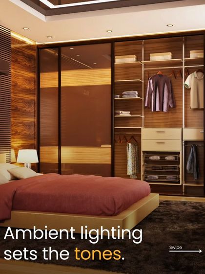 Lighting Tip: Ambient lighting sets the tone. In this bedroom, warm, indirect lighting within the wardrobe and around the headboard creates a cozy and luxurious feel.