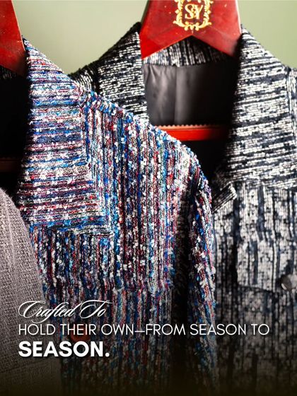 A detailed shot of our textured shackets. These garments are crafted to hold their own from season to season, offering a stylish and functional layer for any wardrobe.