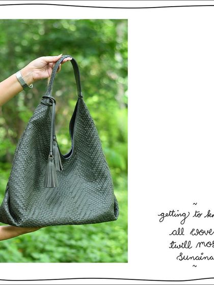 The All Woven Twill Moss Sunaina from the front. The beautiful olive green color and all-over woven texture make it a standout piece.