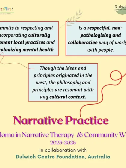 This visual explains how Narrative Practice, while originating in the West, is resonant with any cultural context. It highlights our commitment to respecting local practices and decolonizing mental health.