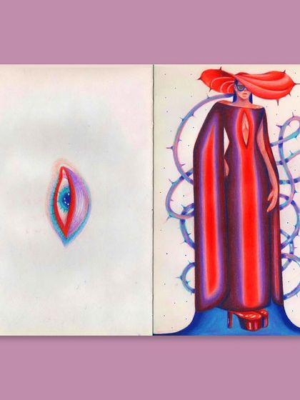 A sketchbook drawing of a fashion-inspired figure in a dramatic red gown, surrounded by thorns.