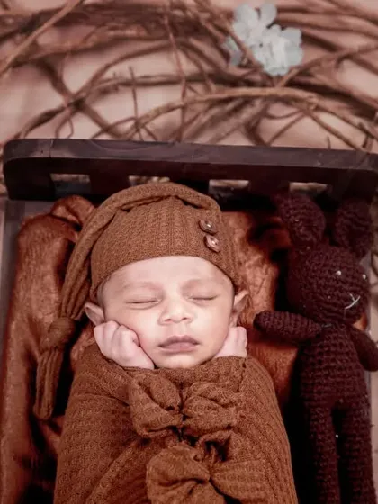 A rustic theme with a baby in a brown knitted outfit, sleeping in a wooden bed next to a knitted bunny, all framed by natural branches.