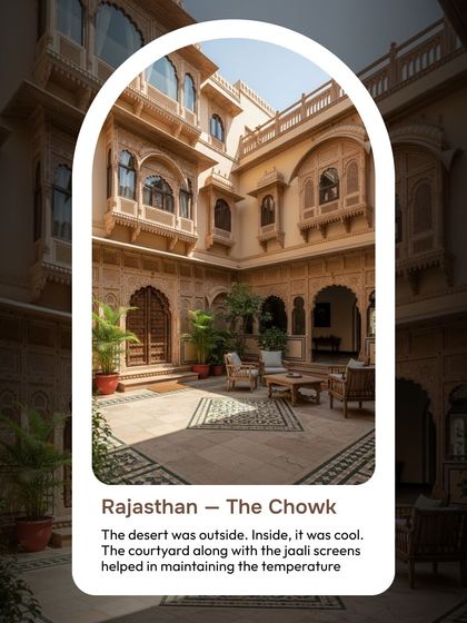 The 'Chowk' in a Rajasthani haveli was an oasis against the desert heat. Combined with intricate jaali screens, this central courtyard helped maintain a cool temperature inside, demonstrating a sophisticated understanding of passive cooling.
