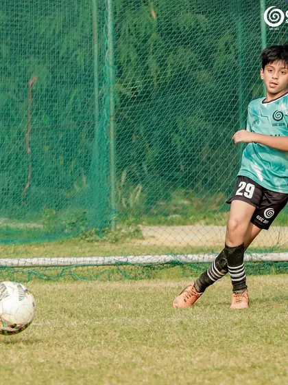 A young player from the GSC Blades takes a shot on goal during the U-11 Pride Cup.