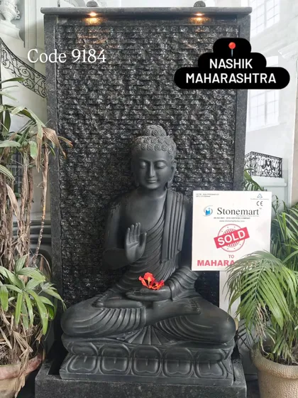 The black marble Buddha fountain, marked as "SOLD" to a client in Maharashtra. This piece is a popular choice for those seeking a large, contemporary fountain for their home.