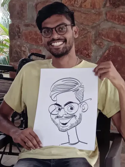 A happy client with his black-and-white caricature. My classic ink style is quick, expressive, and always a crowd-pleaser at events.
