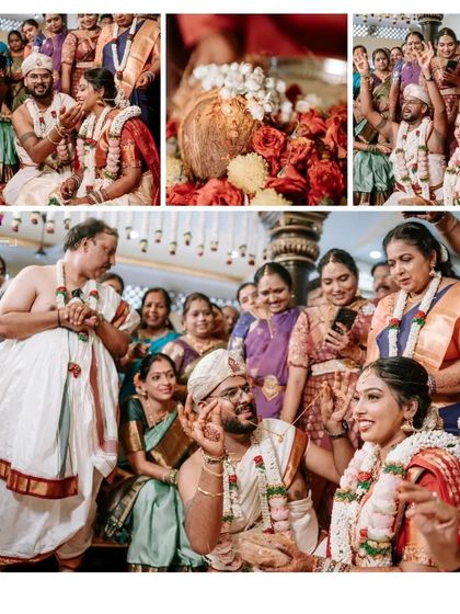A vibrant collage of magical moments from a South Indian wedding. We capture the colors, the emotions, and the sacred details like the coconut and flowers that are part of the ceremony.