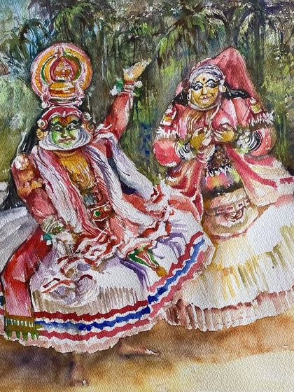 This watercolor of Kathakali dancers, a classical Indian dance form, was a joy to paint. The vibrant colors and expressive characters were so captivating, and I was thrilled it sold at Chitra Santhe.