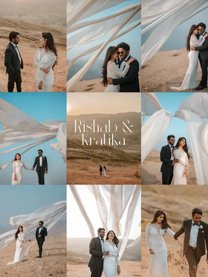 A collage showcasing the variety from a single pre-wedding shoot in Udaipur. We experiment with props like flowing fabrics, different angles, and compositions to deliver a diverse and dynamic gallery.