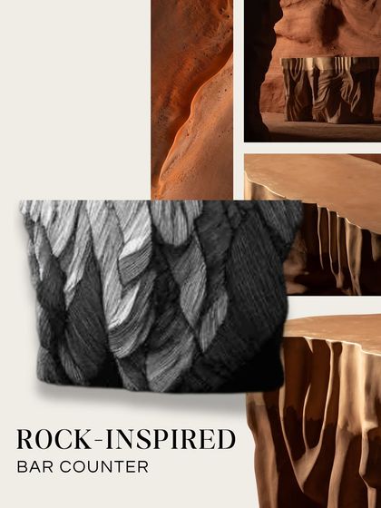 A mood board for our rock-inspired bar counter from the Re-Rooted Collection. We draw inspiration from nature's raw forms to create modern, serene pieces that elevate any space.