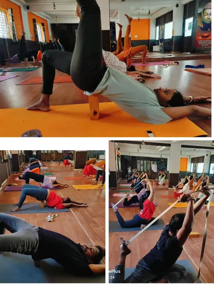 This collage shows the versatility of props in my class. You can see students using blocks for supported bridge pose and straps for poses like Natarajasana, demonstrating how we achieve stability and depth.
