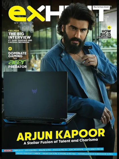The cover of Exhibit Magazine featuring Arjun Kapoor. We created a tech-forward, modern look with a Diesel jacket and Amiri tee, blending his charismatic presence with the magazine's focus on gadgets and lifestyle.