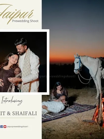 An introductory image for Ankit and Shaifali, featuring their cozy campfire shoot with a horse, perfect for a rustic and romantic theme.