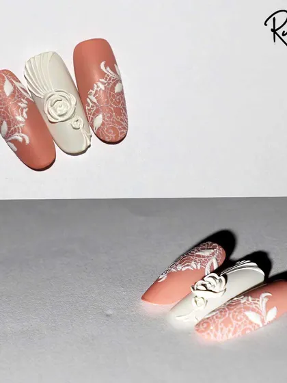 A side-by-side comparison of the wedding dress inspiration and the final nail art.