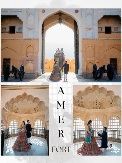 A grand entrance at Amer Fort, complete with an elephant. This shot for Mukesh and Jagrity perfectly captures the "maharaja" experience that many couples dream of for their Jaipur pre-wedding shoot.