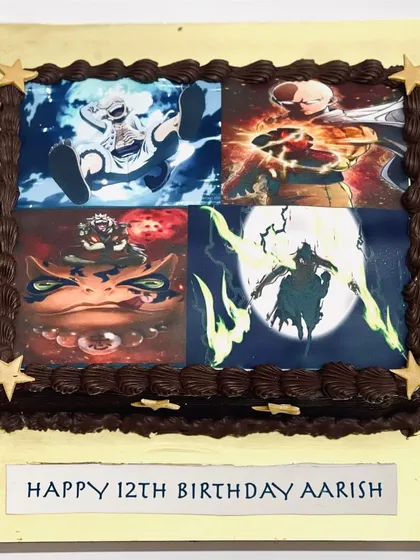 An anime collage photo cake for a 12th birthday. This chocolate truffle cake features four different action-packed scenes from popular anime, perfect for a true fan.