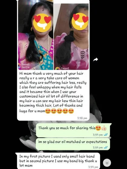 Reading messages like this makes my day. This user saw a big difference in her hair thickness after using my customized oil, and I'm so grateful to be a part of her journey.