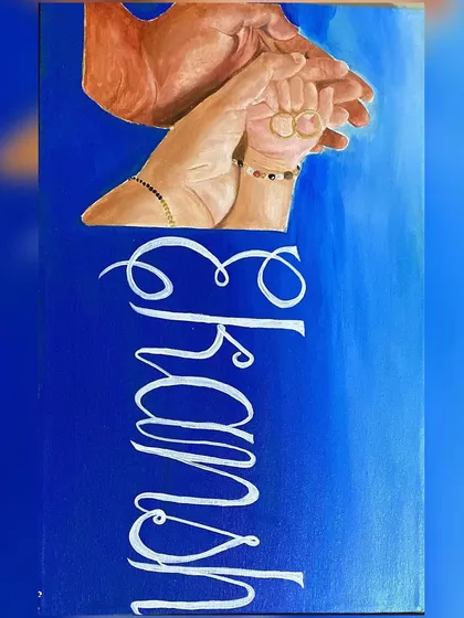 This custom name board for a naming ceremony features a detailed oil painting of the parents' and baby's hands. The royal blue background gives it a bold and modern feel.