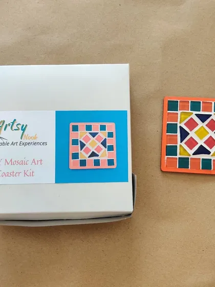 From a box to a beautiful, functional piece of art! This image shows my DIY mosaic coaster kit next to the vibrant finished product. It's a project kids can be proud of.