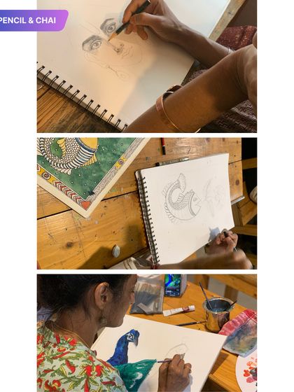 A collage showing the creative process. From a pencil sketch of Krishna to a detailed Kalamkari fish, art is about trusting the journey from a blank page to a finished piece.
