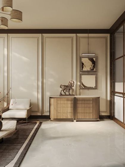 This series of renders explores a living room defined by modern elegance and warm minimalism. We show the space from multiple angles, detailing the custom wall paneling, the sleek furniture, and the flow of natural light.