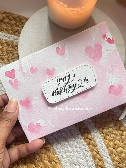 A hand-painted birthday card with a pink heart pattern. I love how the watercolor gives it a soft, dreamy look.