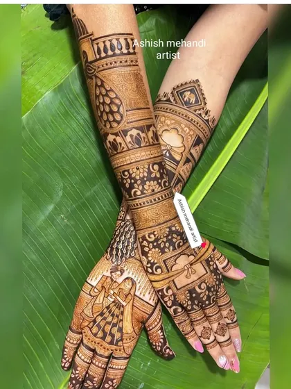 A beautiful design showing the bride and groom in a varmala pose, set against a backdrop of intricate floral and paisley patterns.