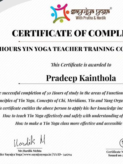 A certificate for our 50-hour Yin Yoga Teacher Training Course. Our graduates are trained in the principles of Yin, Chi, meridians, and how to teach this practice safely and effectively.