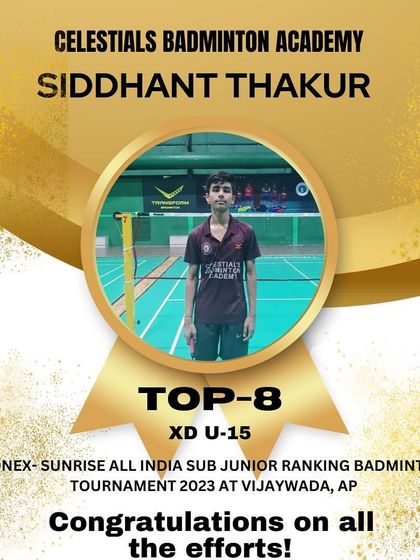 We celebrate the success of Siddhant Thakur for securing a Top 8 position in the Mixed Doubles U-15 category at the Yonex-Sunrise All India Sub Junior Ranking Tournament.