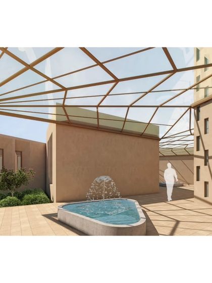 A detail of the shaded pergola and fountain at Qism Al Tahfeez, showing how we use light and shadow to shape the experience of a space.