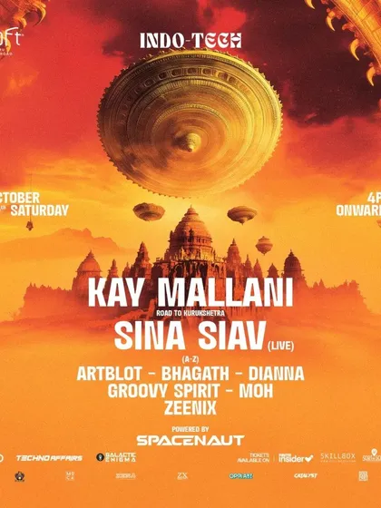 The poster for an Indo-Tech event, "Road to Kurukshetra," at Echo Lounge. This open-air party featured live ethnic instruments fused with electronic beats.