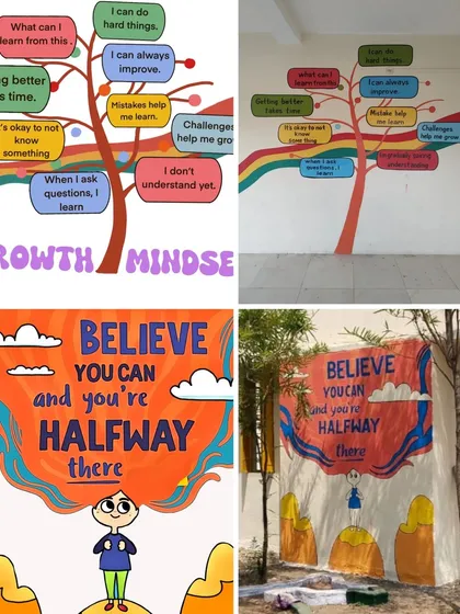 A "Growth Mindset" tree mural and a "Believe You Can" mural, both designed to build confidence and resilience in students.