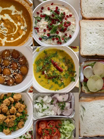 Another collage showing the variety of dishes from a catered lunch.