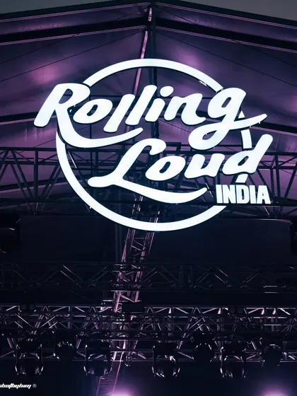 Another angle of the Rolling Loud India stage branding, this time with a purple hue. A perfect scene-setting shot for any festival gallery.