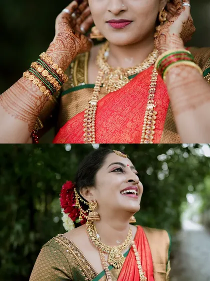 A diptych showing close-ups of the bride's henna-covered hands and her joyful, upward glance.