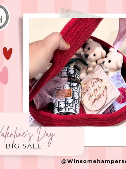 Part of my Valentine's Day Big Sale. This red heart-shaped basket is filled with goodies, including a Dior-inspired pouch and cute teddy bears.