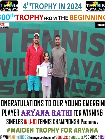 Congratulations to our young emerging player Aaryana Rathi for winning the Singles in the U-10 Tennis Championship, her maiden trophy.
