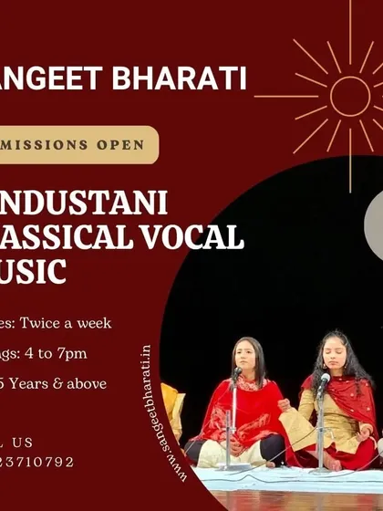 Our Hindustani vocal students performing on stage, showcasing their mastery of `sur` and `taal`. We train our students not just to sing, but to express the deep emotions or `bhaav` inherent in Indian classical music.