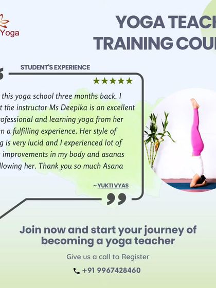 A testimonial from student Yukti Vyas for our Yoga Teacher Training Course, highlighting the fulfilling experience and positive improvements she experienced.