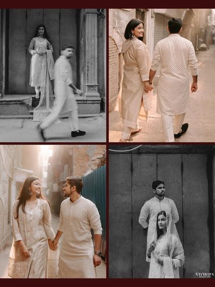 A collage of moments from the Old Delhi shoot, mixing candid walking shots with posed portraits in both color and monochrome.