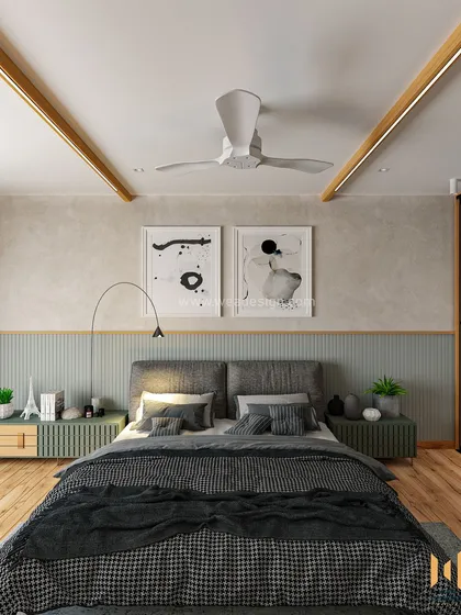A Scandinavian-inspired bedroom at Raheja Viverea, featuring a custom PU headboard, limewash-painted walls, and light wood flooring for a serene and minimalist feel.