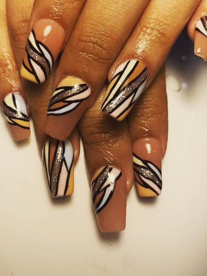 A similar abstract line-work style, this time with earthy tones and a touch of glitter for added dimension.