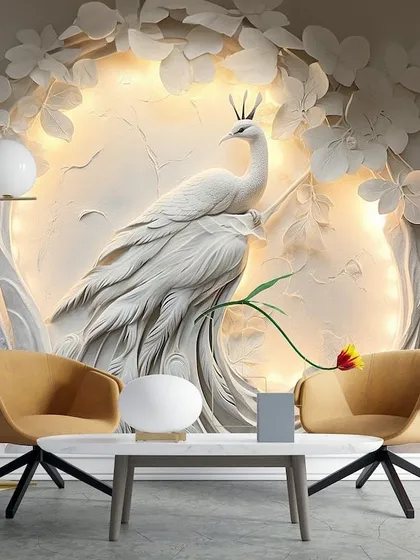 A stunning, all-white 3D embossed mural of a peacock. The backlighting enhances the intricate details, creating a breathtaking piece of sculptural wall art.